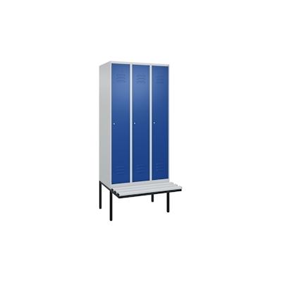 C+P Spind Classic PLUS, Kunststoff schwebende Sitzbank, 3 Abteile, HxBxT 212x90x82cm, Zylinderschloss, Hellgrau/Enzianblau von PROREGAL Image