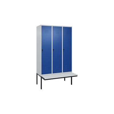 C+P Spind Classic PLUS, Kunststoff schwebende Sitzbank, 3 Abteile, HxBxT 212x120x82cm, Sicherheitsdrehriegel, Hellgrau/Enzianblau von PROREGAL Image