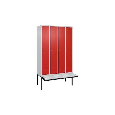 C+P Spind Classic PLUS, Kunststoff schwebende Sitzbank, 4 Abteile, HxBxT 212x120x82cm, Zylinderschloss, Hellgrau/Rot von PROREGAL Image