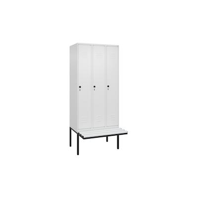C+P Spind Classic PLUS, Kunststoff schwebende Sitzbank, 3 Abteile, HxBxT 212x90x82cm, Sicherheitsdrehriegel, Verkehrsweiß von PROREGAL Image
