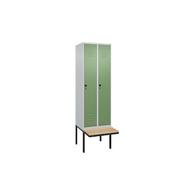 C+P Spind Classic PLUS, schwebender Sitzbank aus Buche 2 Abteile, HxBxT 212x60x82cm, Sicherheitsdrehriegel, Hellgrau/Resedagrün von PROREGAL Image