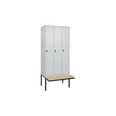 C+P Spind Classic PLUS, schwebender Sitzbank aus Buche 3 Abteile, HxBxT 212x90x82cm, Sicherheitsdrehriegel, Hellgrau/Hellgrau von PROREGAL Image