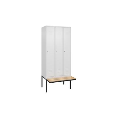 C+P Spind Classic PLUS, schwebender Sitzbank aus Buche 3 Abteile, HxBxT 212x90x82cm, Zylinderschloss, Verkehrsweiß von PROREGAL Image