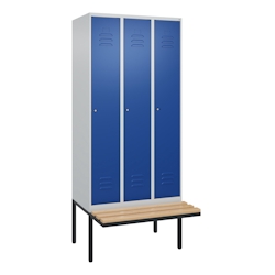 C+P Spind Classic PLUS, schwebender Sitzbank aus Buche 3 Abteile, HxBxT 212x90x82cm, Zylinderschloss, Hellgrau/Enzianblau von PROREGAL Image