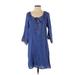 Naif Casual Dress - Shift Tie Neck 3/4 sleeves: Blue Solid Dresses - Women's Size Small