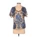 Neiman Marcus Short Sleeve Blouse: V Neck Covered Shoulder Blue Floral Tops - Women's Size X-Small