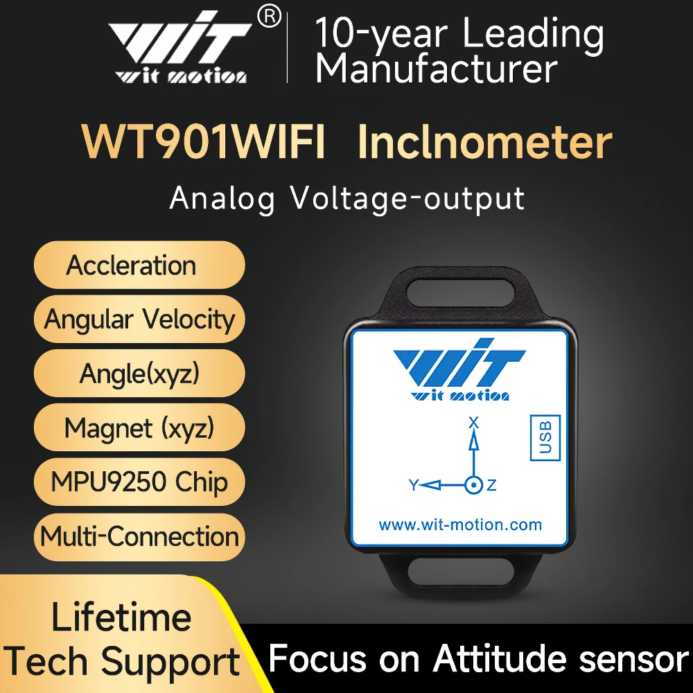 WitMotion WT901WIFI Drahtloser Beschleunigungsmesser 9-Achsen-AHRS-Neigungsmesser (XYZ) Neigungssensor + Gyro + Winkel + Magnet, unterstützt Multi-Verbindung Image