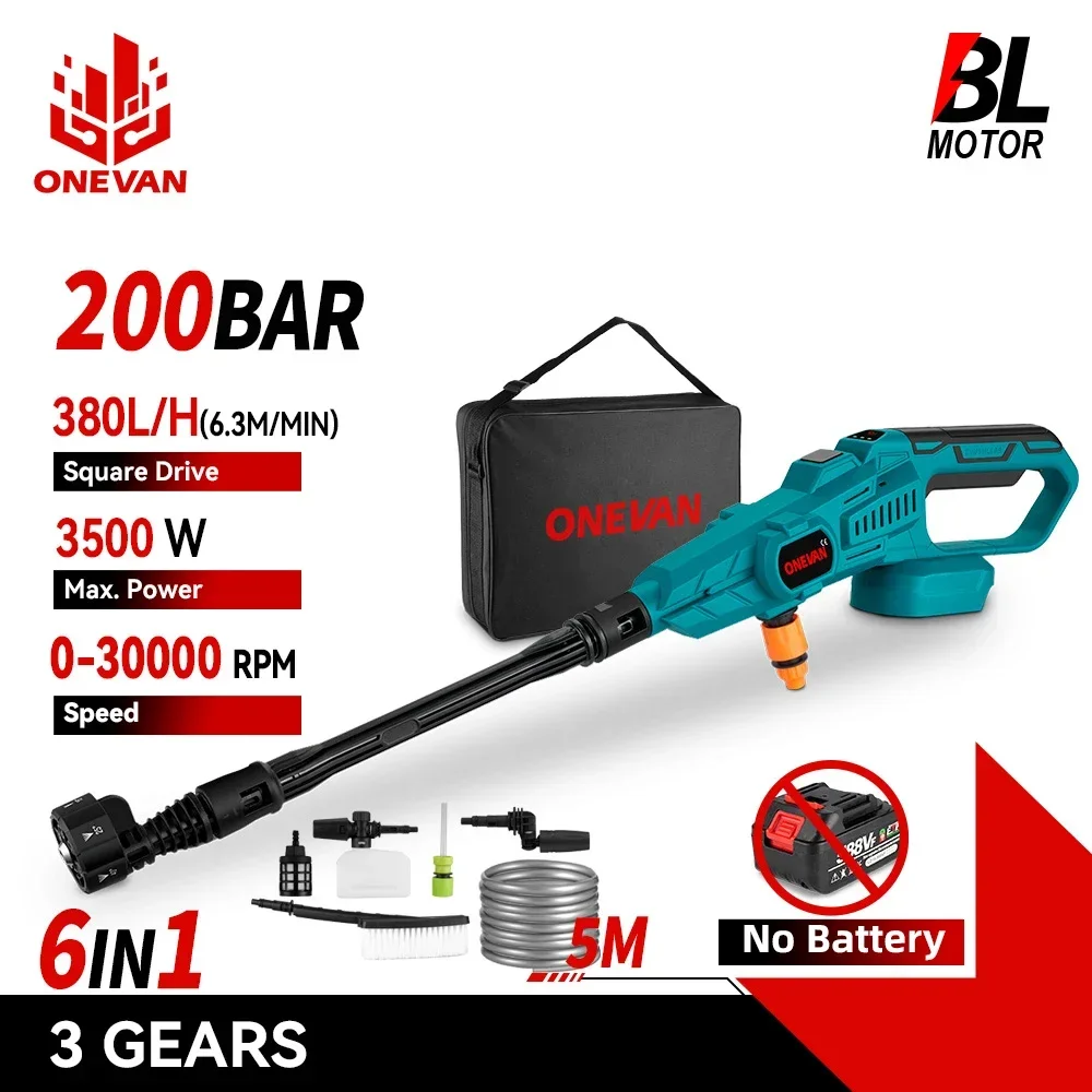 ONEVAN 200Bar 3500W Wasser Pistole Bürstenlosen Elektrischen Hochdruck Garten Waschmaschine Cordless Auto Waschen Pistole Für Makita 18V batterie Pin