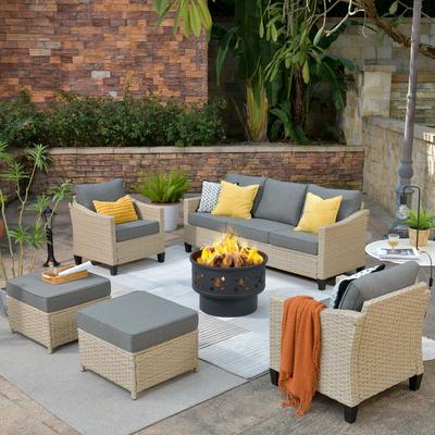 HOOOWOOO 5-Seater PE Wicker Conversation Patio Set with Wood Burning Fire Pit