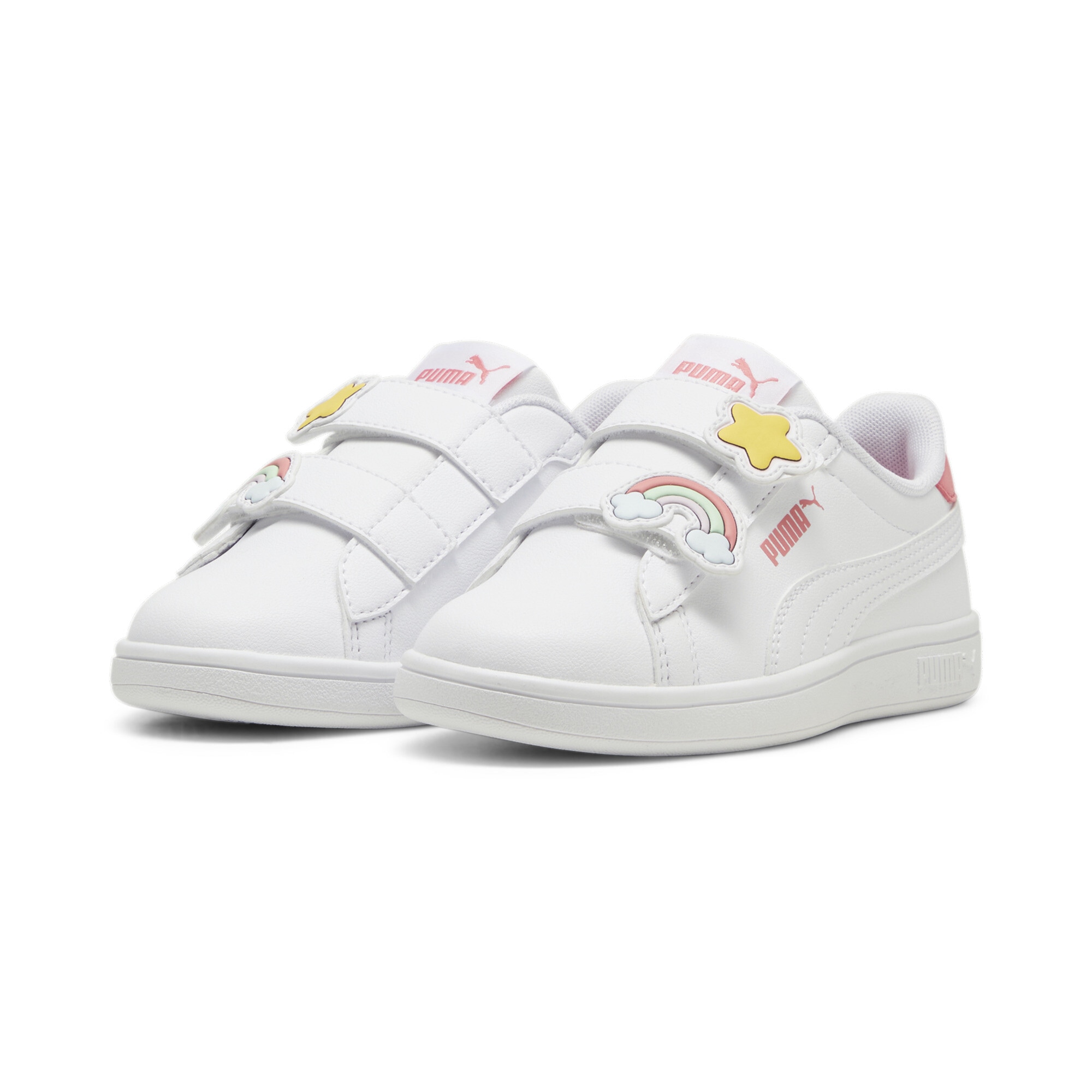Sneaker PUMA "PUMA Smash 3.0 Badges Sneakers Mädchen", Damen, Gr. 33, pink (weiß passionfruit pink), Obermaterial: Textil, Synthetik. Futter: Textil. Innensohle: Textil. Laufsohle: Gummi, Schuhe Sneaker