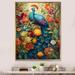 Bungalow Rose Colorful Of Blue Peacock In Flowerfield On Canvas Print Metal in Blue/Green/Orange | 40 H x 30 W x 1.5 D in | Wayfair