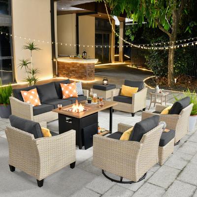 HOOOWOOO Outdoor Patio 9-piece Wicker Rattan Furniture Set with Fire Pit Table