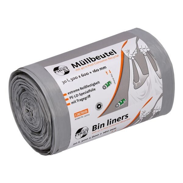 Deiss 50 Müllbeutel aus Recyclingmaterial mit Tragegriffen »FIRST PLUS pcr ®« 30 Liter grau, 50x60 cm Image