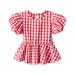 Fimkaul Girls Tops T Shirts Summer Plaid Top Pleated Hem Crew Neck Short Sleeves Casual Seaside Exclusive For 0 To 6 Years T-shirts Baby Clothes Red