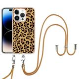 for iPhone 14 Pro Crossbody Strap Phone Case Anti-Fall Pattern Clear Design Transparent Soft & Flexible TPU Drop and Shockproof Protective Cover with Adjustable Nylon Neck Strap Leopard