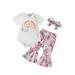 TheFound Girl Romper Shirt + Floral Bell-Bottoms Trousers Outfit + Head Band