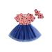 Girl Ruffle Short Sleeve Round Neck Striped Casual Dress+ Head Band