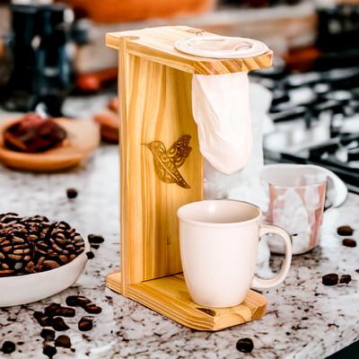 'Hummingbird-Themed Pinewood Single-Serve Drip Coffee Stand'