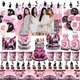 Décoration d'anniversaire noire et rose pour filles vaisselle jetable nappe assiette ballon