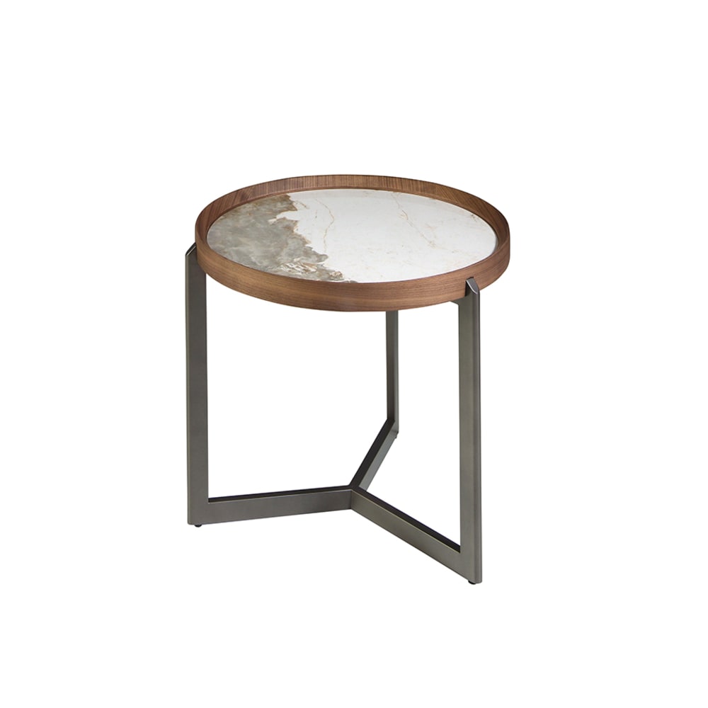 Table basse ronde en marbre porcelaine, noyer et acier