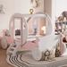 Twin Size Princess Carriage Bed with Crown, Wood Twin Platform Bed Frame, Car Bed with Stair for Kids Girls Boys