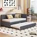 Upholstered Daybed with Twin Size Trundle, Twin Size inen Fabric Sofa Bed Frame with L-Shaped Headboard, No Box Spring Needed
