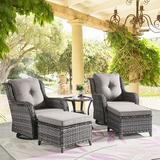 PARKWELL 5-Piece Outdoor Conversation Sets Wicker Swivel Gliders with Ottomans Side Table Patio Seating Furniture with Gray Cushions Gray Wicker