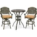 MEETWARM 3-Piece Patio Swivel Bar Set All-Weather Cast Aluminum Outdoor High Bar Stool Bistro Set for Backyard Garden Deck w/2 Cushions Bar Chairs with Footrest and 31 Bar Table 2 Umbrella Hole