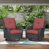 PARKWELL 2PCS Outdoor Swivel Gliders - Patio Wicker Bistro Furniture Set for Porch Balcony Backyard - Red Cushioned Swivel Rocking Chairs in Brown Wicker