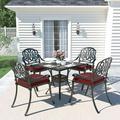 MEETWARM 5-Piece Outdoor Patio Dining Set All-Weather Cast Aluminum Patio Conversation Set for Backyard Garden Deck with 4 Chairs 4 Cushions and 35.4 Square Table 2.2 Umbrella Hole Chili Red