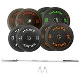 HAJEX Olympic Bumper Weight Platesâ€™ Set with Barbell (6ft) - Pairs of 10 LB 15 LB 25 LB 35 LB Weights - 170 LB Stack