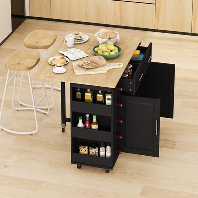 Grondin Multi-Functional Kitchen Island Cart with Solid Wood Drop Leaf, 2 Doors, 2 Drawers,Wine Rack and Spice Rack