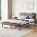 Rustic Platform Bed Metal Slat Bed Frame Mattress Foundation with Charging Station and Upholstered Headboard