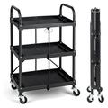 MYXIO Rolling Carts with Wheels Foldable 3-Tier Utility Kitchen Cart Heavy Duty Metal Storage Tool Cart for Dorm Office Home Garage 300 LBS Capacity Black
