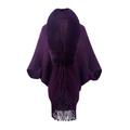 Defitshape Women s Open Front Sweater Cardigan High Low Fuzzy Faux Fur Collar Poncho Cape Winter Knit Fringed 3/4 Sleeve Coat Jacket Purple One Size