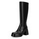 Dsevht Black Leather Knee High Boots for Women Platform Chunky Block Heeled Boots Round Toe Fashion Dress Boots, Black, 9 UK