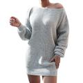 ParfCO Women'S Off Shoulder Boat Neck Sweater Chunky Knit Jumper Dress, Ladies Gray Knitted Pullover Sweater Short Dress Solid Color Knitwear Sweater Autumn Winter,Xl