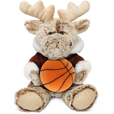 DolliBu Sitting Moose With Brown Hooded Sweater with Basketball Plush - 7 inches