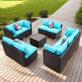 Zenova 3/4/7/10/11 piece Outdoor Patio Rattan Sofa Sectional Set Blue 10-piece