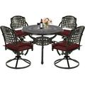 MEETWARM 5-Piece Outdoor Patio Dining Set All-Weather Cast Aluminum Patio Conversation Set with 4 Cushions Swivel Rocker Chairs for Backyard Garden Deck and 38.5 Round Table Chili Red