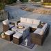 Direct Wicker 7-piece Patio Wicker Coversation Cushioned Set with Holve Fire Pit Square Table