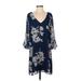 Blue Rain Casual Dress - Shift: Blue Floral Motif Dresses - Women's Size Small