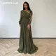 Nersessuperb-Robe de Soirée en Dentelle Vert Olive Tenue Formelle Plissée Manches Perles