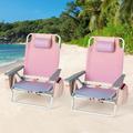 Costway 2-Pack Folding Backpack Beach Chair 5-Position Outdoor Reclining Chairs with Pillow Pink