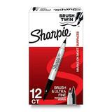 SHARPIE Brush Twin Permanent Marker Brush Tip Marker and Ultra Fine Tip Marker Black 12 Count
