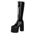OAUSZC Women Stacked Platform Knee High Boots Block Chunky Heel Square Toe Stretch Costume Cosplay Dress Shoes,Black Patent,2.5 UK