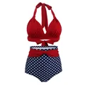 Bikini plissé rouge haut bleu marine avec points blancs bas femme classique taille haute licou