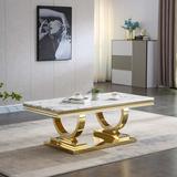 Rosdorf Park Kimara Coffee Table Wood/Metal in Yellow | 17.72 H x 46.85 W x 22.83 D in | Wayfair 23773EF5C61846E0BF2ABB2A46D5FBCA