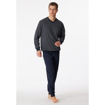 Schlafanzug SCHIESSER "Dark Sapphire", Herren, Gr. 50 (M), blau (803, dunkelblau), Single Jersey, Obermaterial: 100% Baumwolle, kariert, casual, bequem lang, V-Ausschnitt, Langarm angesetztes Bündchen, Homewear-Sets, mit klassischem Karo-Muster Image