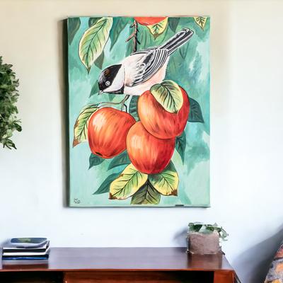 'Nature-Themed Impressionist Oil Bird and Fruit Painting'